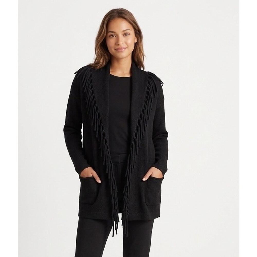 Vintage LAUREN Ralph Lauren Black Wool Cardigan Sweater Size Small Fringe